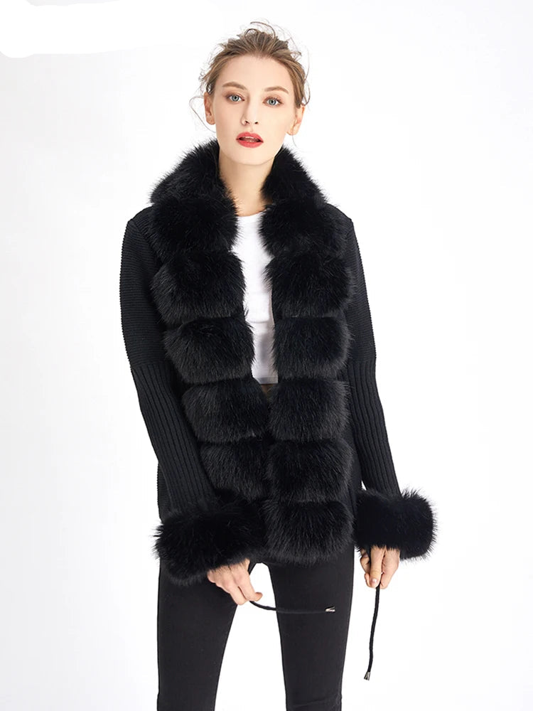 Luxury Fur Cardigan Knit Winter Sweater Women Elegant Detachable Fur Belt White Pink Black