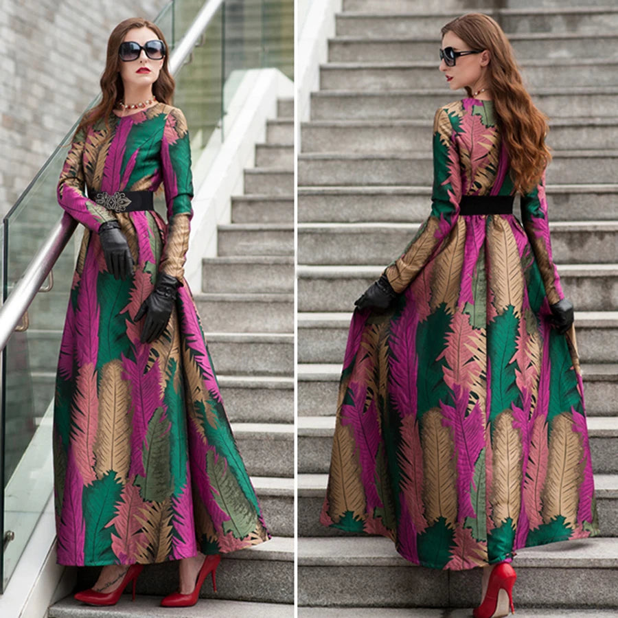 DEVCHATA Women Long Sleeve Maxi Jacquard Dress Floral New Autumn Winter Woman Clothing Elegant Leaf Party Dress for Women