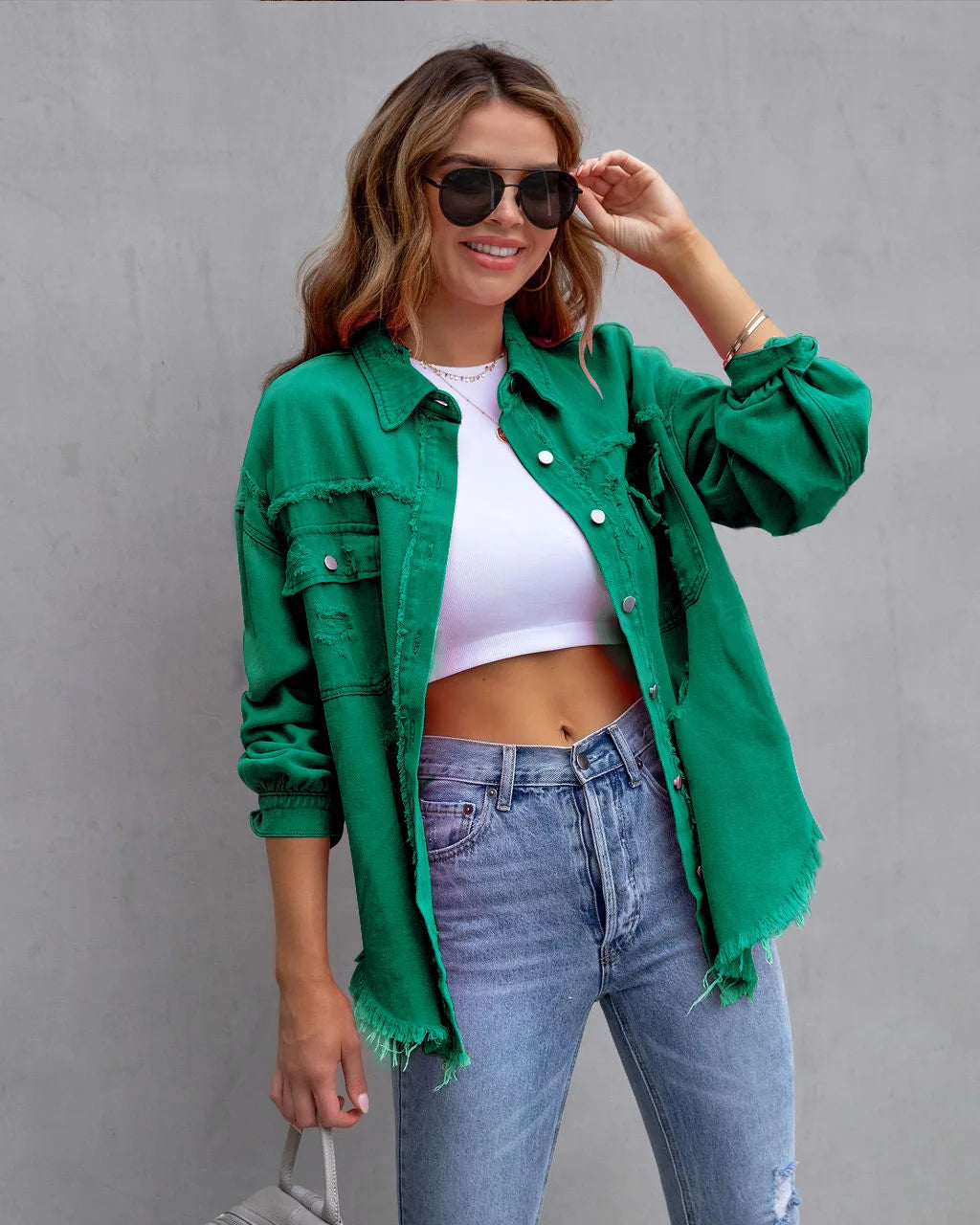 Raw-edges Denim Jacket Women Spring Autumn Shirt Style Jeans coat Casual Top Rose-Red Orange Purple Outerwear Lady Coat