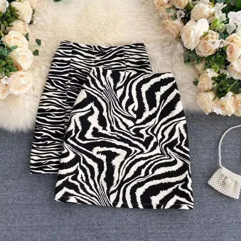 2025 Korean Zebra Print Midi Skirt Women Autumn New Female A-line High Waist Loose Skirts Vintage Mini Skirt