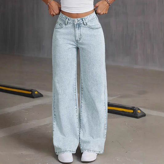Light Blue Women's denim pants Straight Leg baggy jeans with pocket Spring 2025 Loose jeans