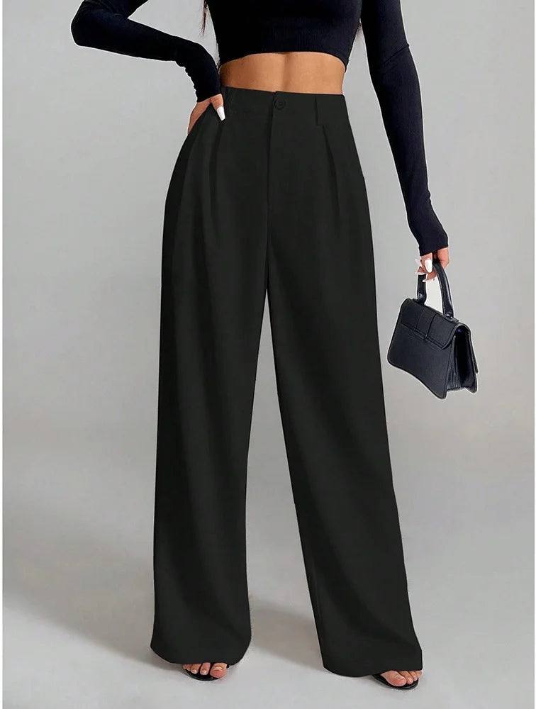 2025 New Spring Summer Baggy Pants Fashion Women's Elastic Waist Loose Wide Leg Pant Casual Office Lady Communte Pocket Trousers