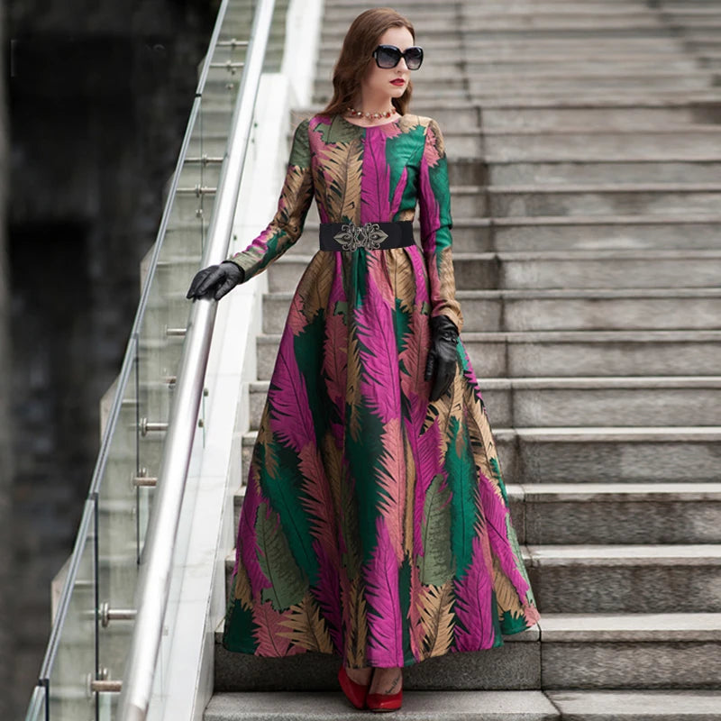 DEVCHATA Women Long Sleeve Maxi Jacquard Dress Floral New Autumn Winter Woman Clothing Elegant Leaf Party Dress for Women