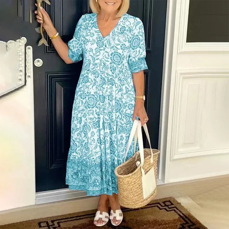 Women V Neck Pullover Button Splicing Dresses Elegant Flower Print Dress New Half Sleeve Gown Commuter Casual Loose Female Frock