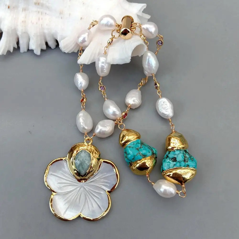 YYGEM 37mm mop Shell Flower Charm 2 Rows Freshwater Cultured White Baroque Pearl Cz Chain Beaded Wrap Bracelet