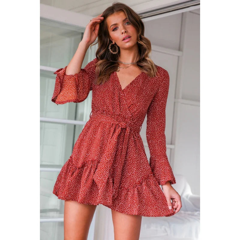 Women'S Autumn V-Neck Sexy Floral High Waisted Jumpsuit Short Skirt Dress Beauty Fashion Clothing