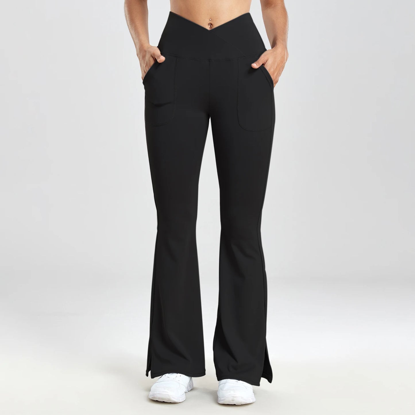 V-shaped Split Flared Pants Women Pockets Leggings Solid Color High Waist Casual Simple Style Pants Daily Office Elastic Legging
