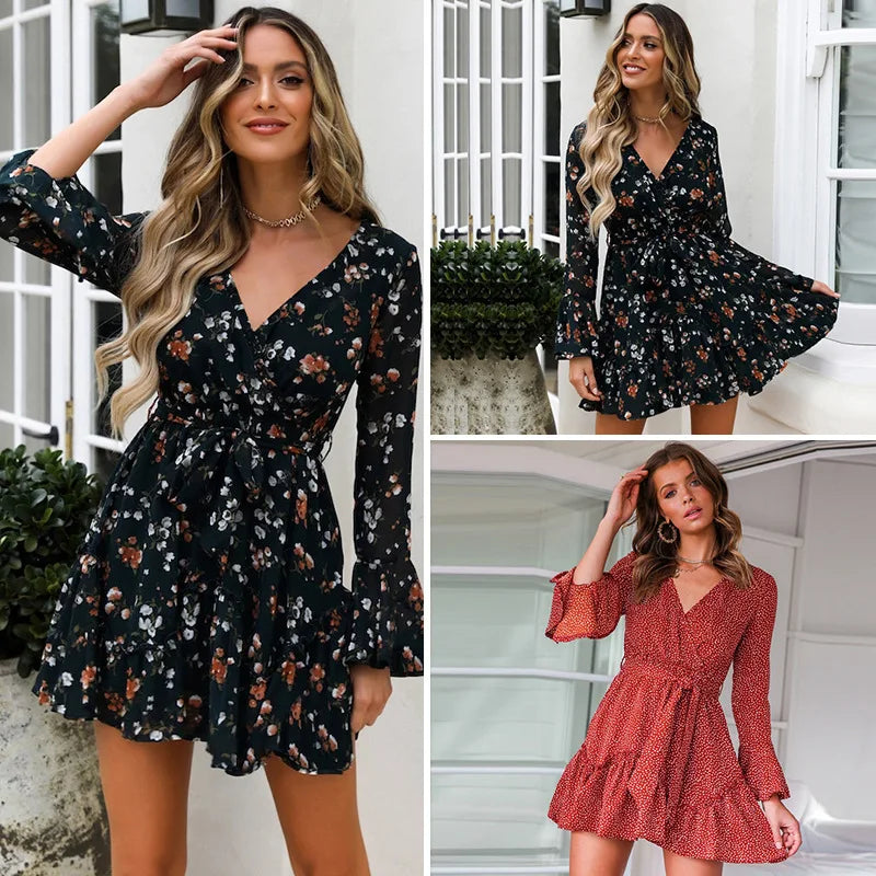 Women'S Autumn V-Neck Sexy Floral High Waisted Jumpsuit Short Skirt Dress Beauty Fashion Clothing