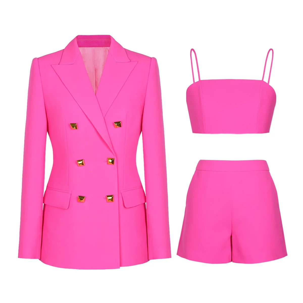 Lady High Quality Spring Summer Stylish Office Suit Double-breasted Blazer Straight Shorts Slip Camis Women Fashion 3Pcs