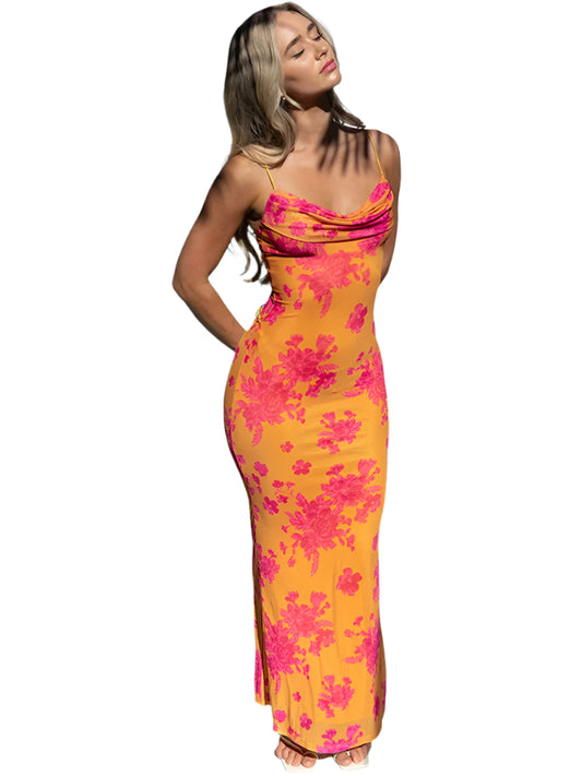 Floral Sleeveless Maxi Dress Backless Swinging Collar Summer Women Clothes