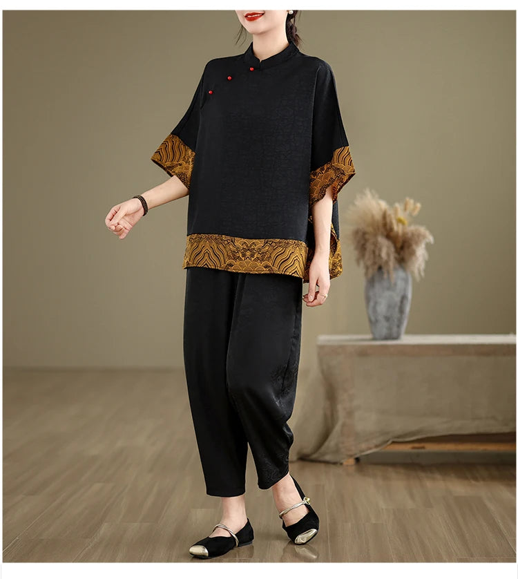Mulberry Silk Chinese Style T-shirt for Women Spring Summer Fashion Vintage Patchwork Half Sleeve Cloud Embroidery Female Blouse