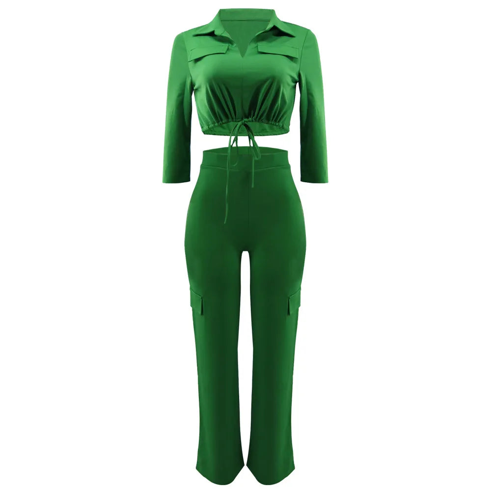 Elegant Office Women Two Piece Short Shirt + Wide Leg Trousers Set