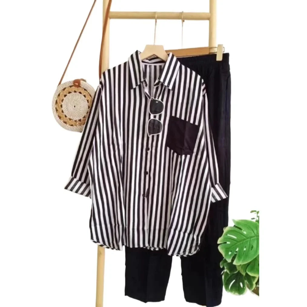 2024 Summer New Fashion Loose-Fit Slimming Casual Striped Two-Piece Suit Women's Comfortable Black Pink Red Short Skirt Set