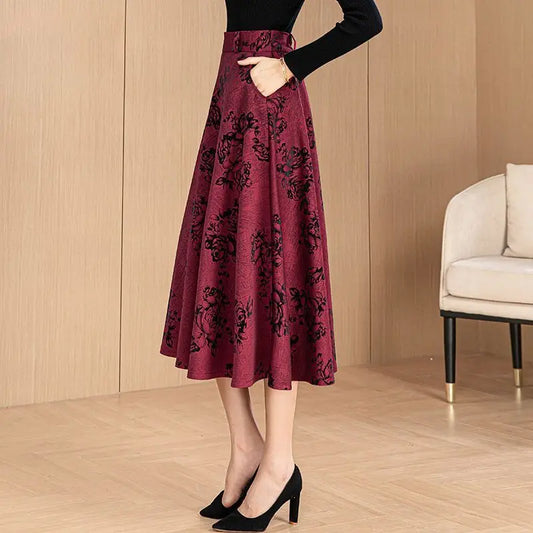 2024 Autumn New Retro Fashion Print Women's Folded Pocket Loose High Waist Elastic A-line Elegant Versatile Mid Length Skirts