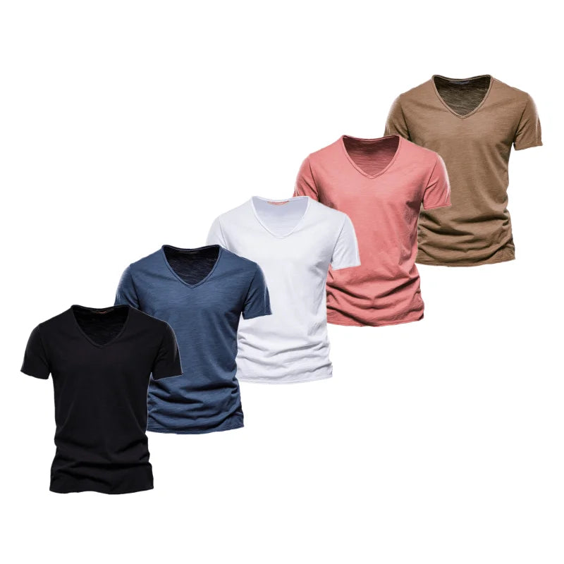 5 Pcs Brand T Shirt Men Casual Solid Color Slim Fit V-neck T-shirts Men New Summer Quality 100% Cotton T Shirt for Men