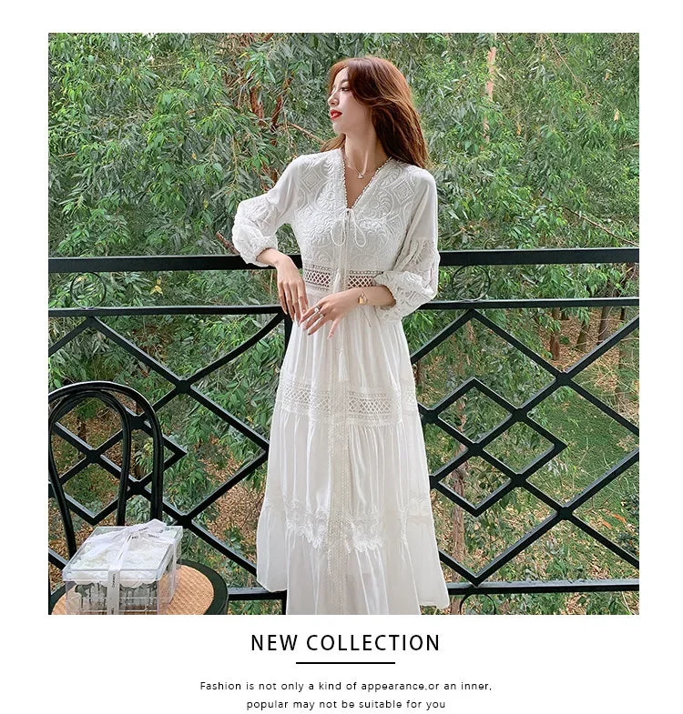 2025 Women's New Spring/Summer White Hollow Sweet Dress Fashion French Bubble Sleeve Knee length Skirt European and American