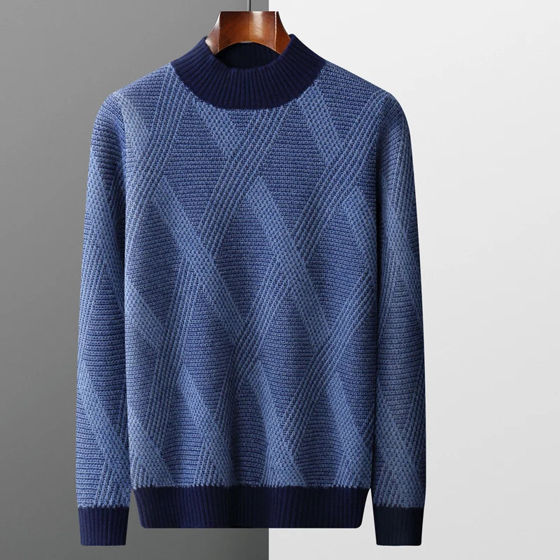 100% wool men's semi-high collar seats with jacquard stripes for business and leisure double-stranded thick sweater knitted coat