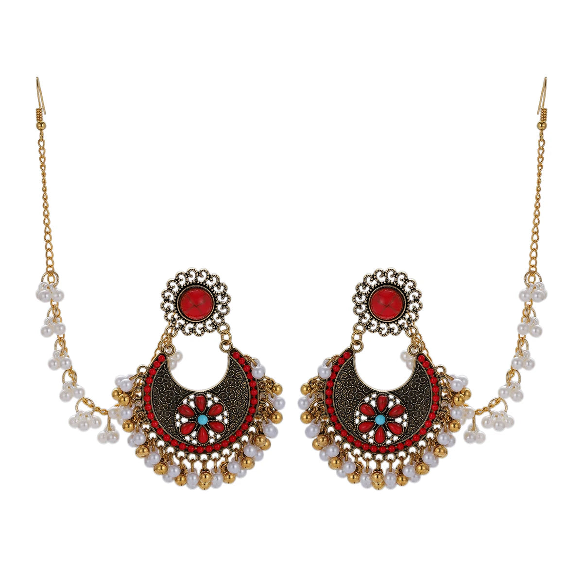 Boho Turquoises Flower Round Earring for Women Girl Retro Gold Color Beads Pearl Tassel Earrings Pendientes Female Boho Jewelry