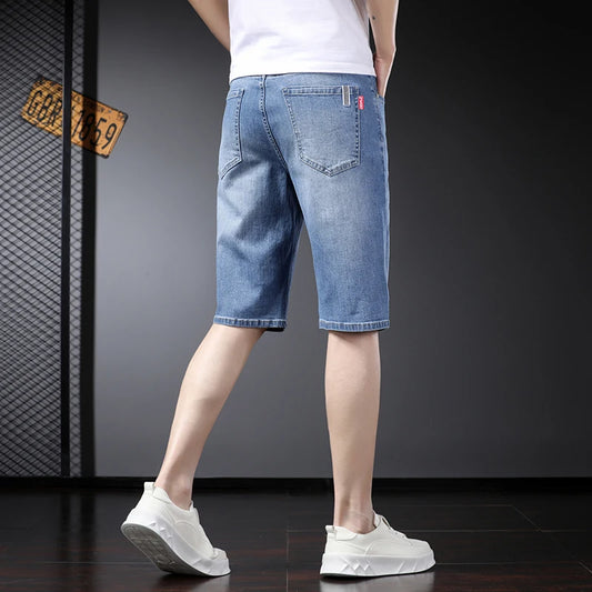 Summer Thin Slim Fit Stretch Short Jeans Classic Style Business Casual Light Blue Soft Straight-leg Denim Shorts Male