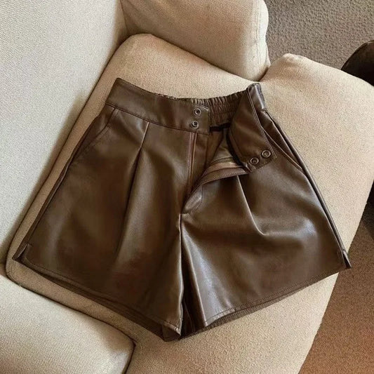 Women High Waist Side Pockets Vintage Faux Leather Shorts Pant