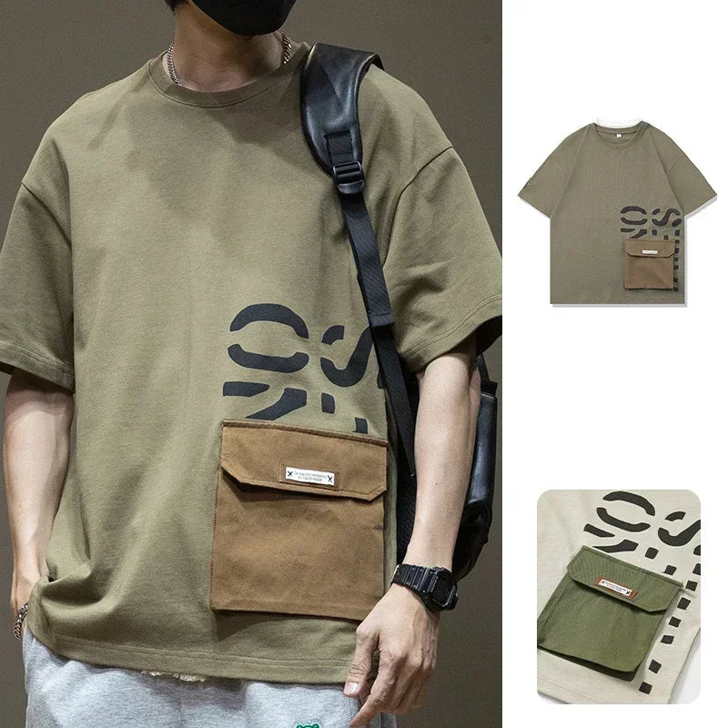 2025 New Letter Printed Short Sleeve Pocket T-shirt For Men Casual Cotton O-Neck Tshirt Y2K Streetwear Oversized Tee Shirts