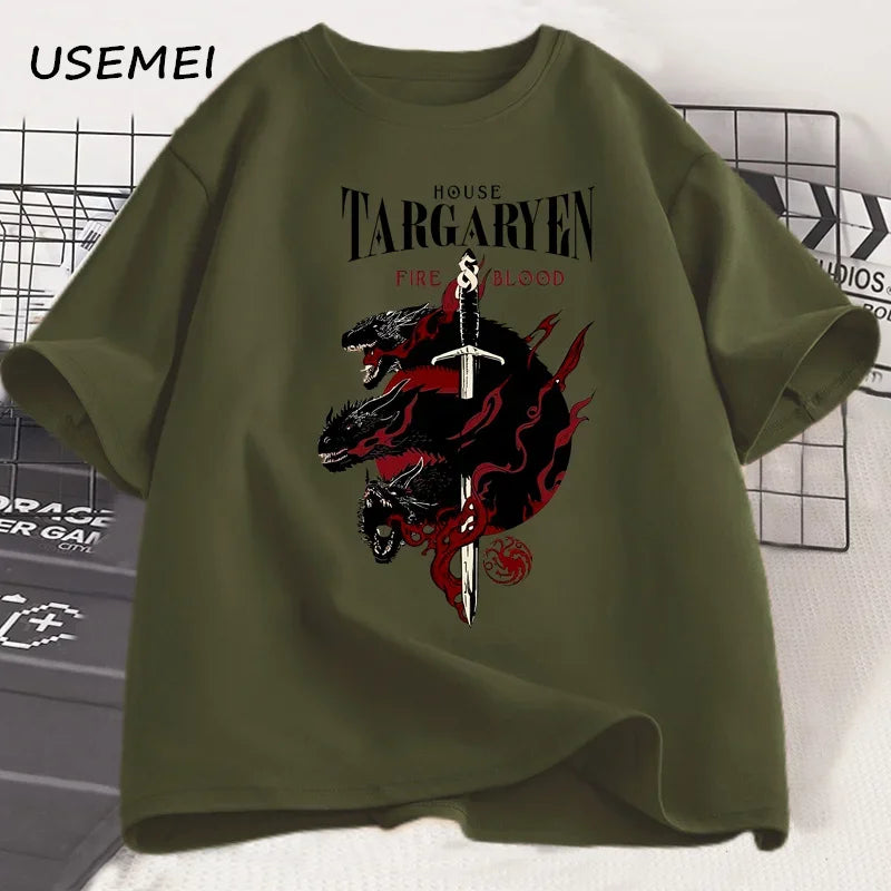 House Targaryen T Shirt Fire and Blood T-Shirt GOT Men Tshirt Cotton Fashion Short Sleeve Casual Printed Tee Shirt Streetwear