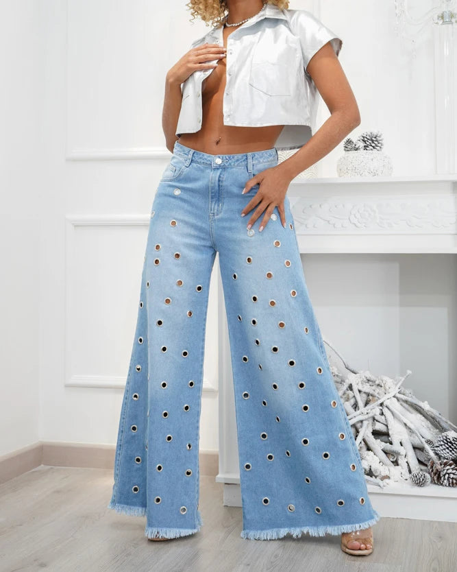 Y2k Streetwear Blue Jeans Woman Pants loose Wide leg pants Fashion designed Casual Denim Trousers Hole jeans 2024