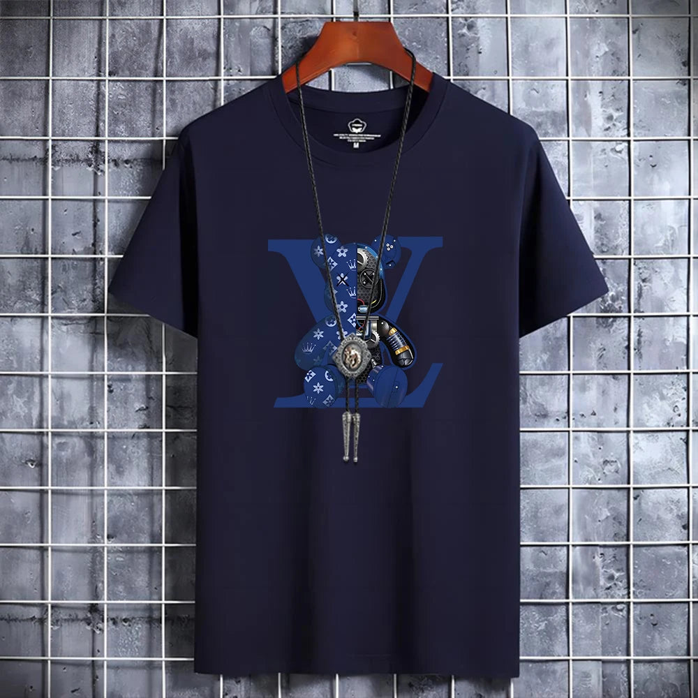 Summer Men's Luxury Casual T-Shirt Retro Y2k Designer Short Sleeve Tees Male Vintage Cotton Trendy High Quality Bear Print Tops