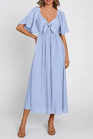 2025 Spring/Summer Women's Dress Fashion New V-neck Bow Fold Medium Length Short Sleeved Dress Printed Holiday Beach Long Dress