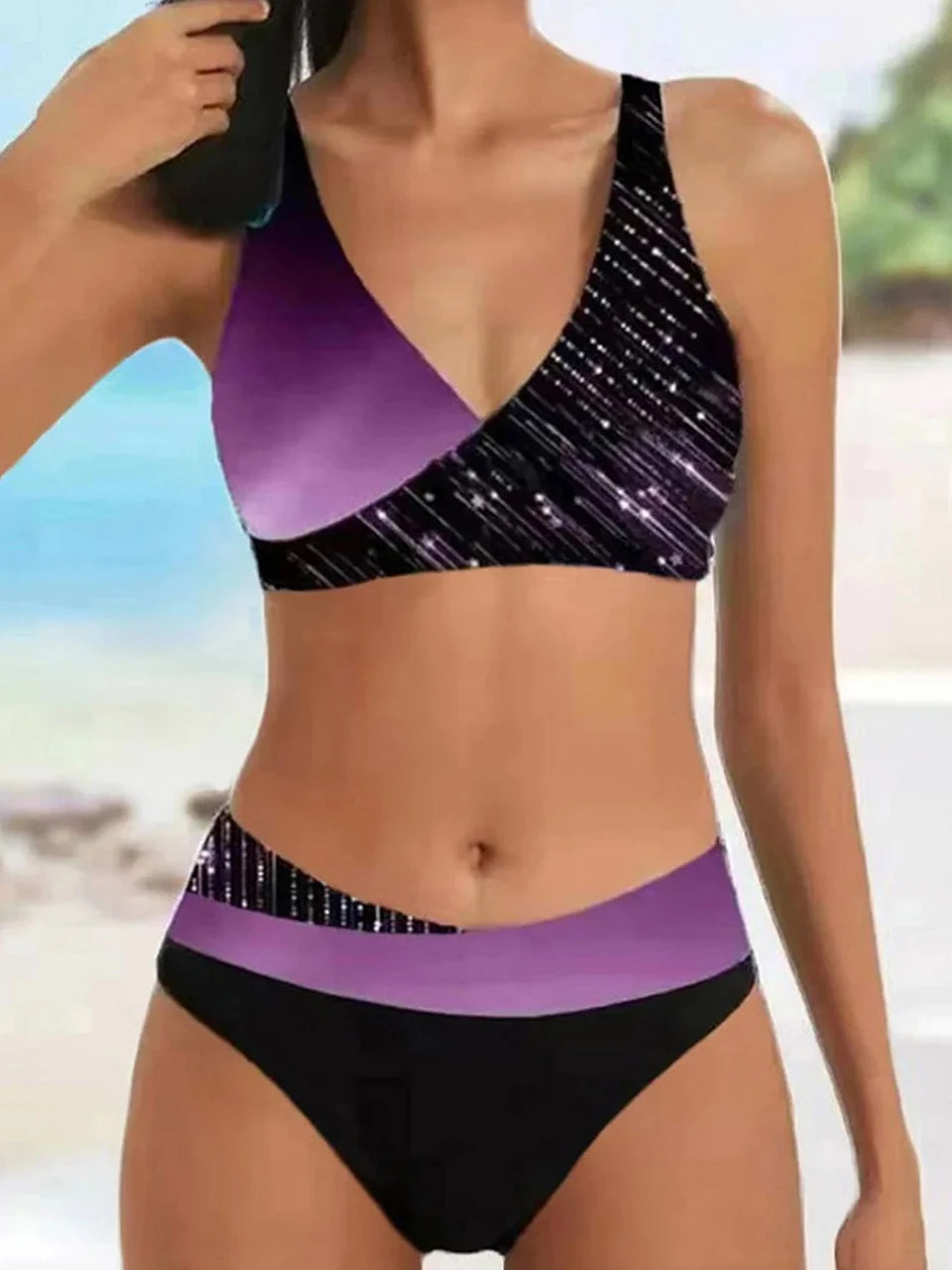 V Neck Bikini Set 2024 Women Stripe Print Patchwork Swimwear Summer Beachwear Swimsuit Female Bathers Bathing Swimming Suit 2XL