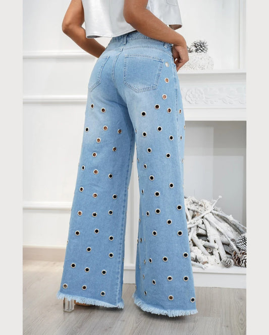 Y2k Streetwear Blue Jeans Woman Pants loose Wide leg pants Fashion designed Casual Denim Trousers Hole jeans 2024