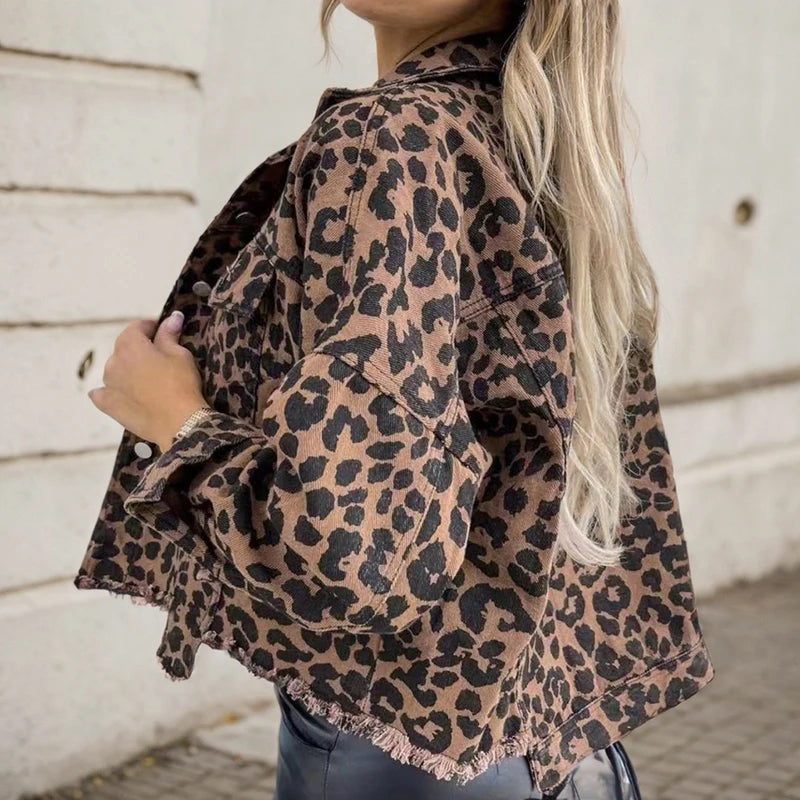Leopard Print Tassel Hem Single-breasted Jacket Casual Pockets Ripped Denim Outwear Jackets