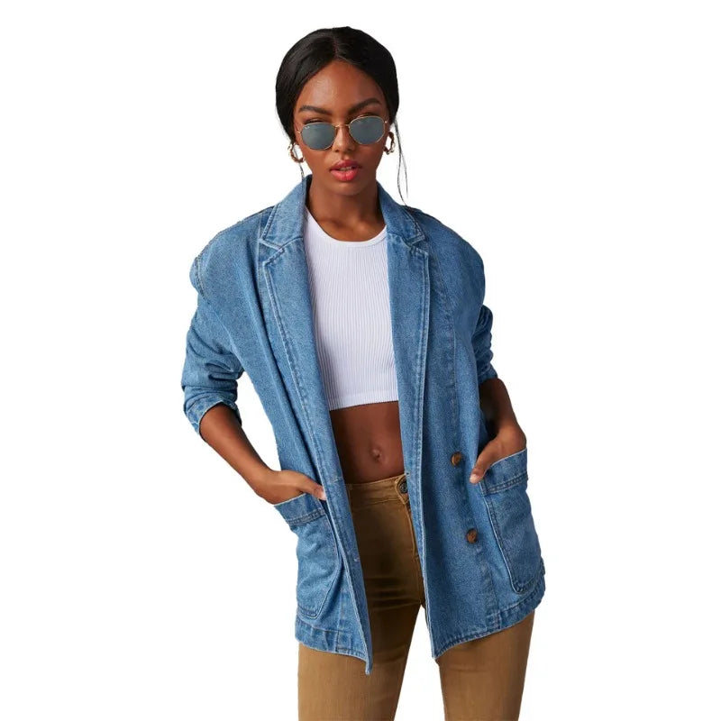 Retro Light Colored Heavy-duty Washed Denim Suit Jacket for Spring 2025, New Casual Semi Open Neck Women's Clothing