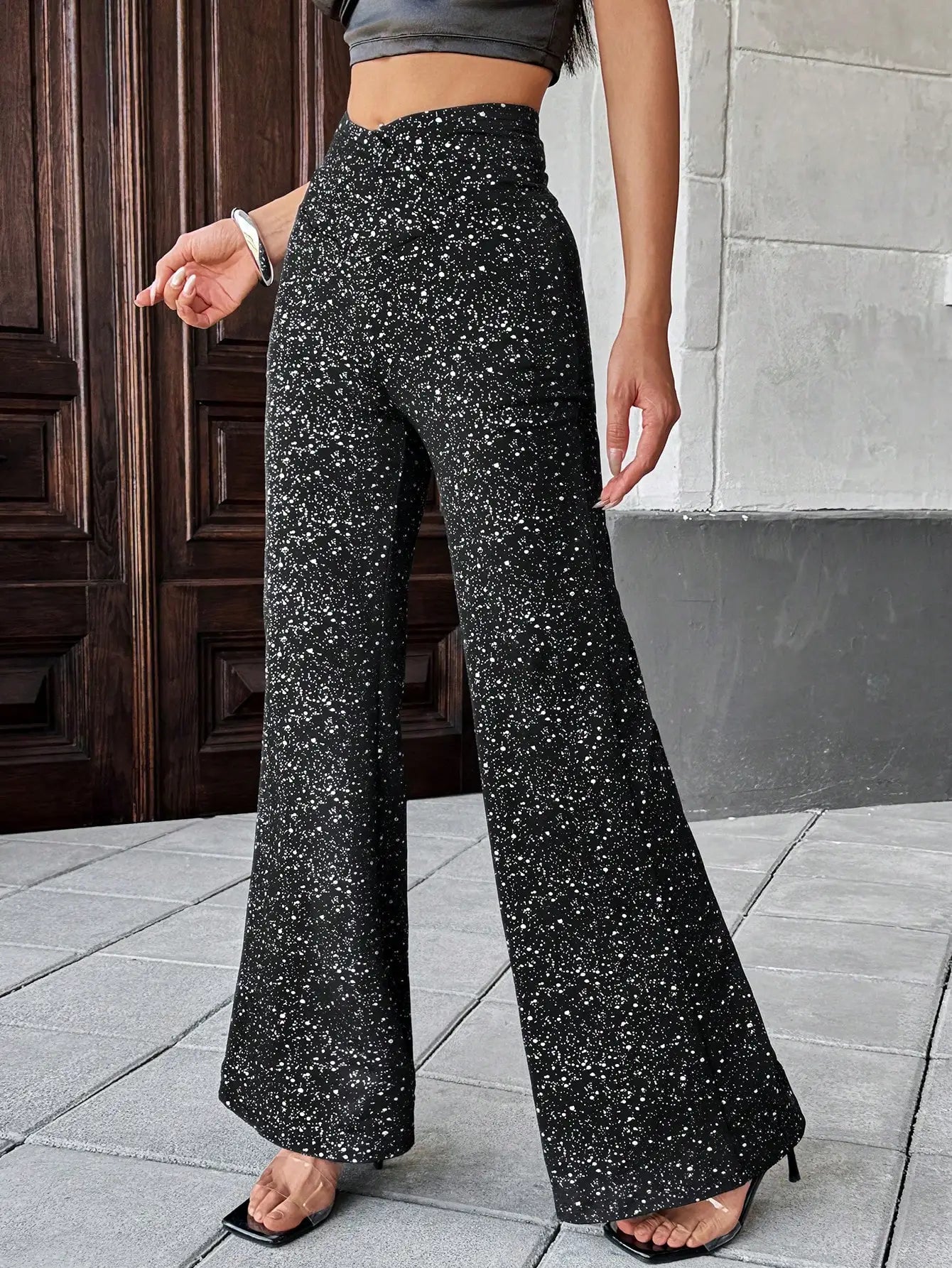 Elegant cross waist micro-flared legs knitted silver fabric black silver spring/summer women's pants