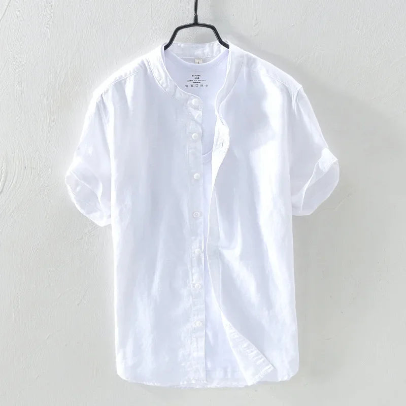 Short-sleeved shirt 100% linen cool breathable comfortable healthy material gradient blue Hawaiian beach men's cardigan shirt