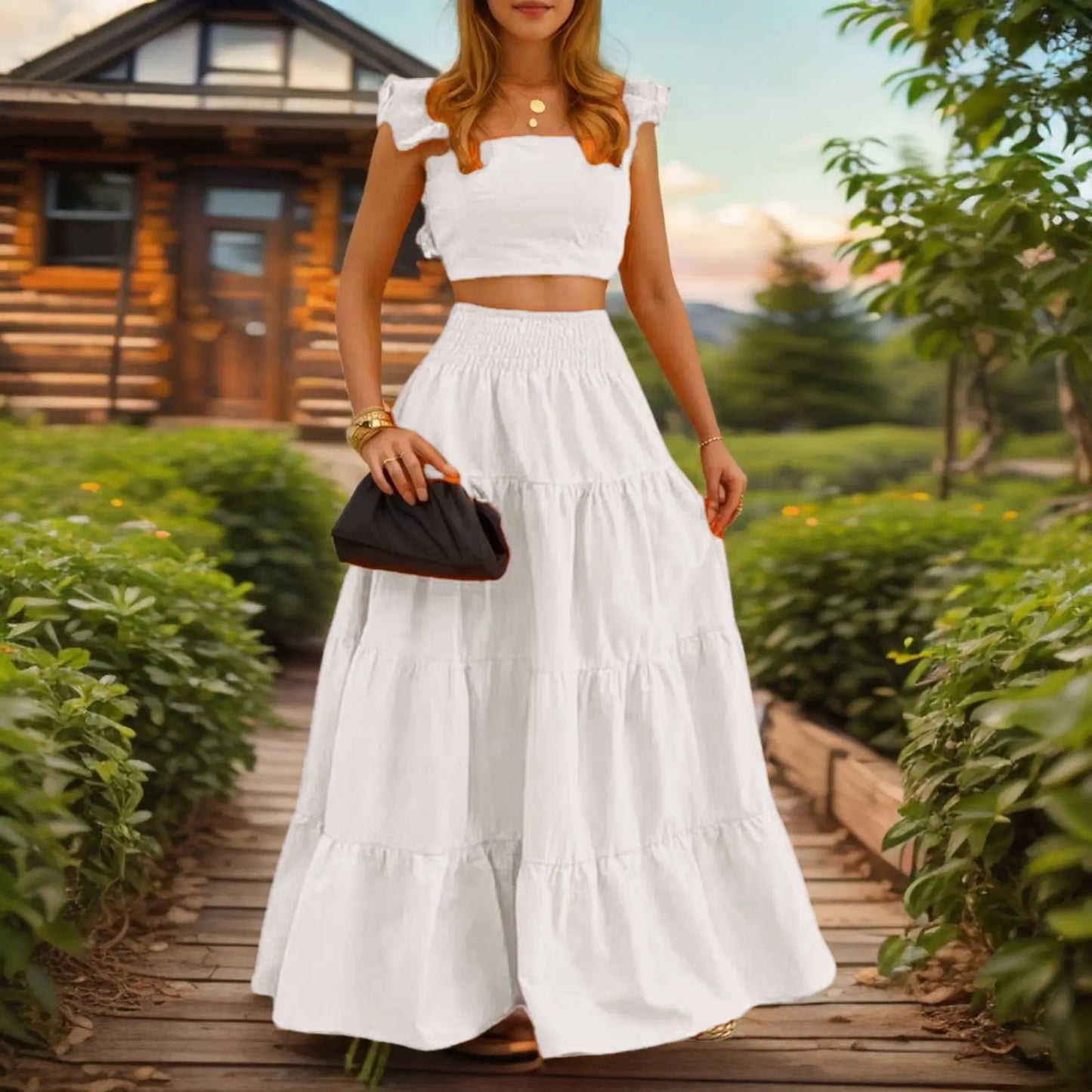 Y2k Two Piece Set Woman Clothing Spring/Summer New Elegant Sexy Collage Sleeveless Top and Longuette Skirt Suits Female 2Pcs Set