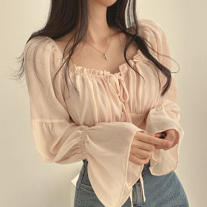 Women Chiffon Blouse Summer Shirt Square Collar Folds Lace Up Waist Tops Korean Fashion Flare Sleeve Elegant Blouses Femme