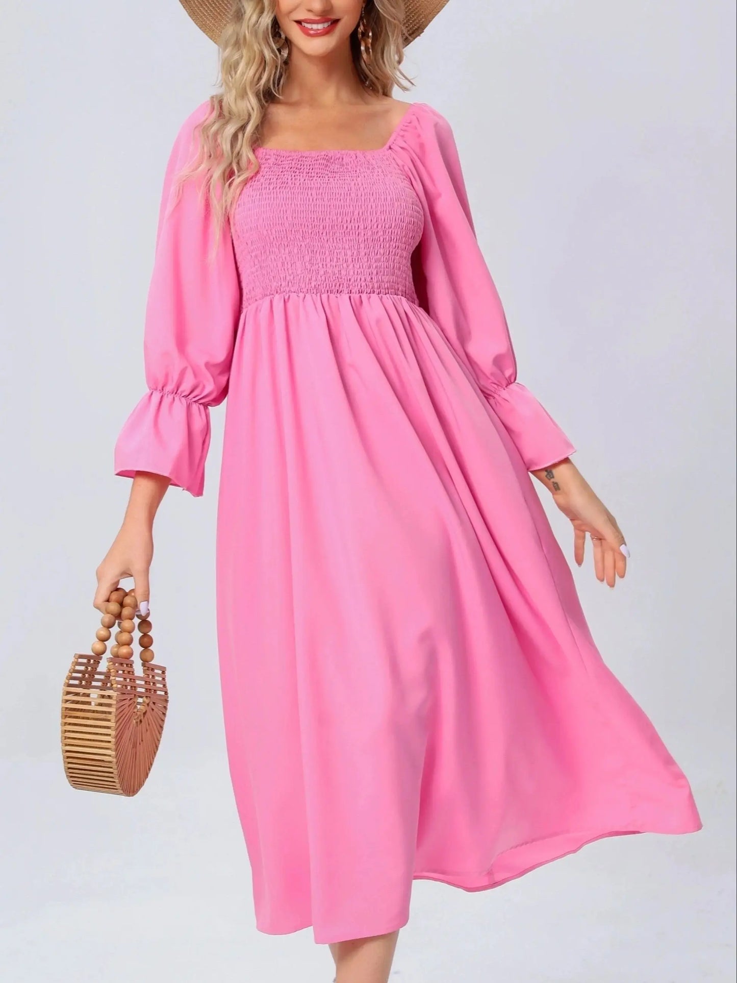 Shirred Solid Dress,Casual Lantern Sleeve Squared Neck Slim Waist Midi Dress, Women's Clothing