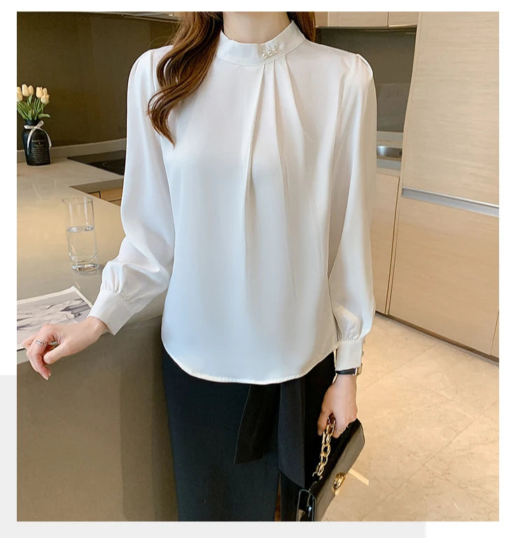 Spring Autumn Satin Women's Blouses 2025 New Long Sleeve Beading Solid Stand Collar Workwear Office Lady Elegant Shirt Female