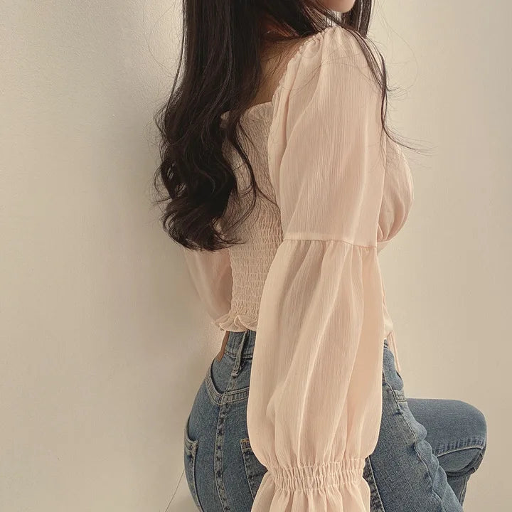Women Chiffon Blouse Summer Shirt Square Collar Folds Lace Up Waist Tops Korean Fashion Flare Sleeve Elegant Blouses Femme