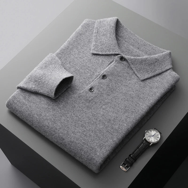 Autumn and winter new 100% merino wool men's POLO collar pullover honeycomb needle shirt fashion knitted men's coat.