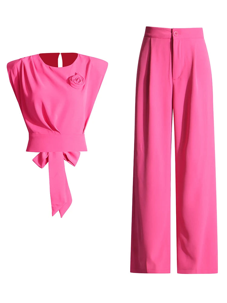 Women O Neck Sleeveless Spliced Lace Up Vest High Waist Wide Leg Pant Chic Two Piece Sets Female