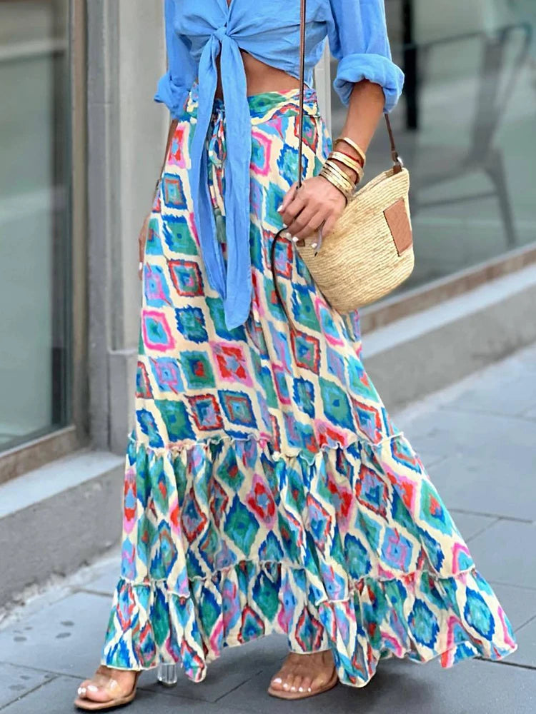 High Waist Patchwork Ruffles Print Skirt Summer Elegant Women Casual Long Skirt Femme Loose Floor-Length Maxi Skirt Dropshipping