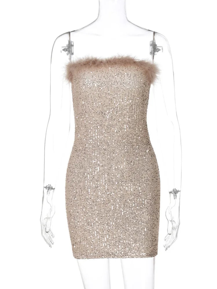 Eyellcart Sequins Off-shoulder Sexy Mini Strapless Feather Backless Bodycon Club Party Sparkle Dress