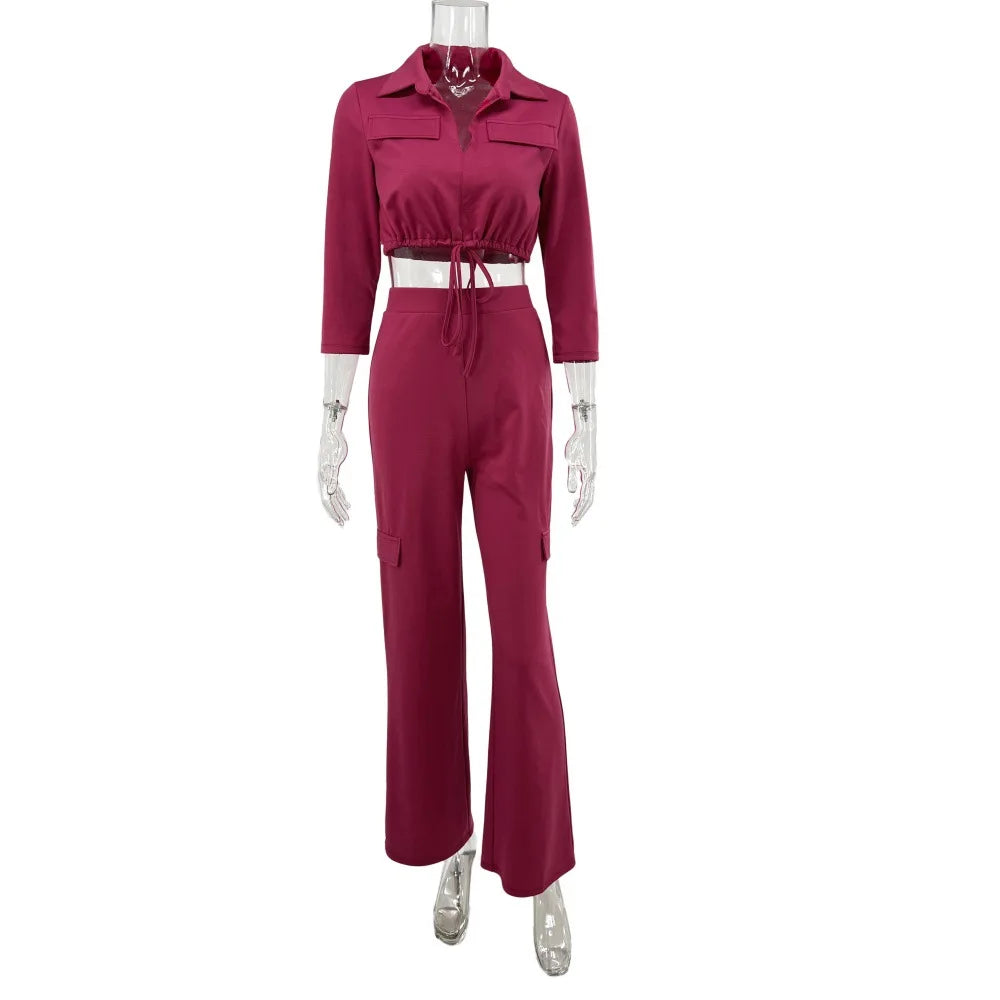 Elegant Office Women Two Piece Short Shirt + Wide Leg Trousers Set