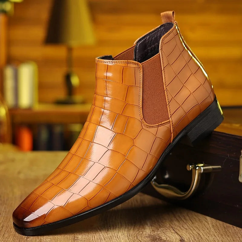 Big Size Stone Pattern Dress Shoes for Men Autumn Winter Soft-soled Men Leather Boots New Designer Platform Chelsea Boots Male