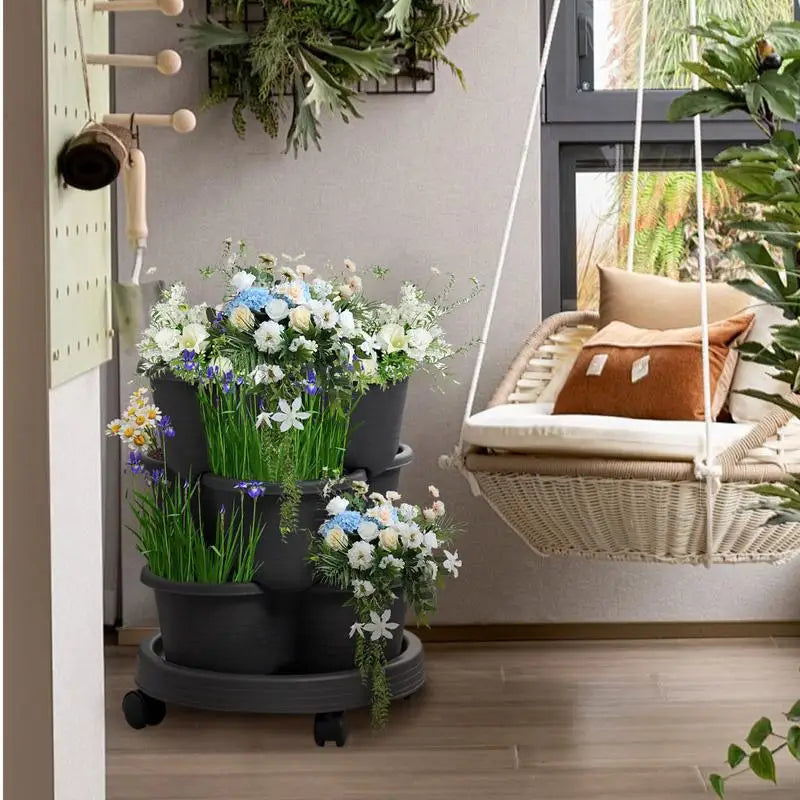 Stackable Planter Strawberry Vertical Stackable Tower Pot Gardening Planter With Removable Wheels For Succulents Flowers