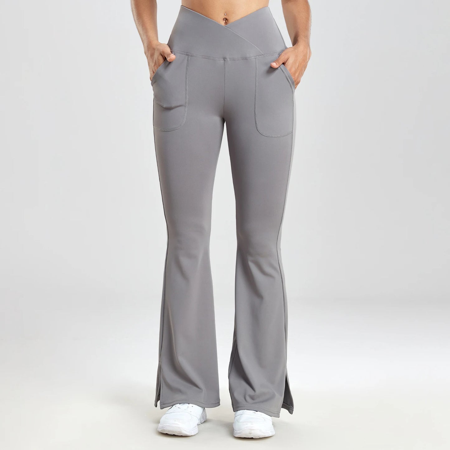 V-shaped Split Flared Pants Women Pockets Leggings Solid Color High Waist Casual Simple Style Pants Daily Office Elastic Legging