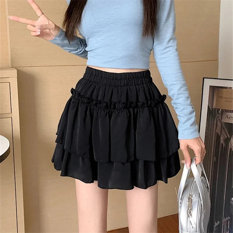 Summer Kawaii White Ruflles Skirt Women Fashion Slim Fit Mini Skirts Giris Y2k All Match Elastic High Waist Black Faldas