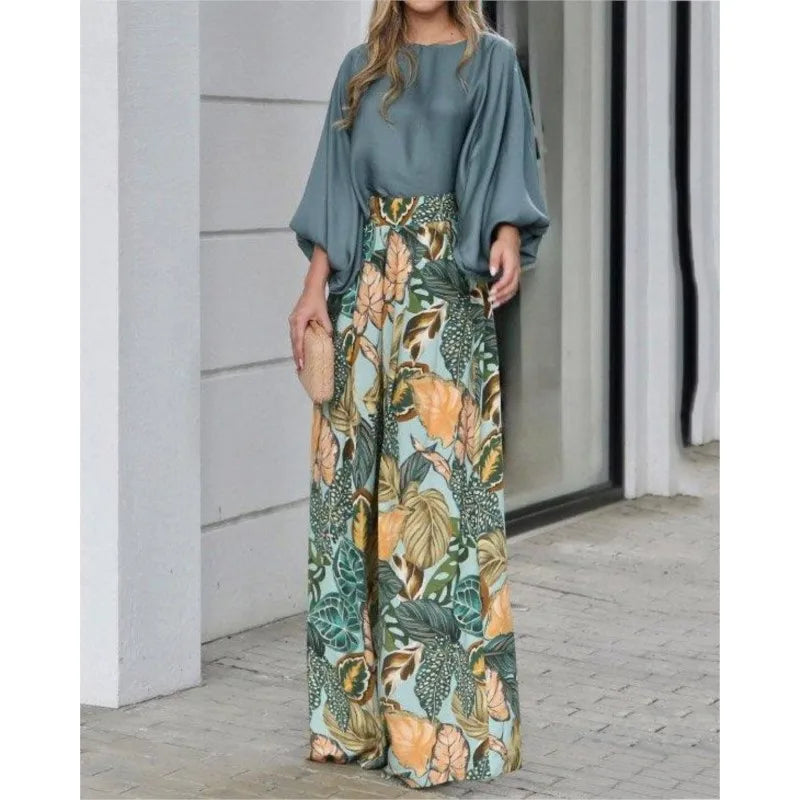 Women's Clothing Set Lantern Sleeves Loose Top Printed Wide Leg Pants Two Piece Set